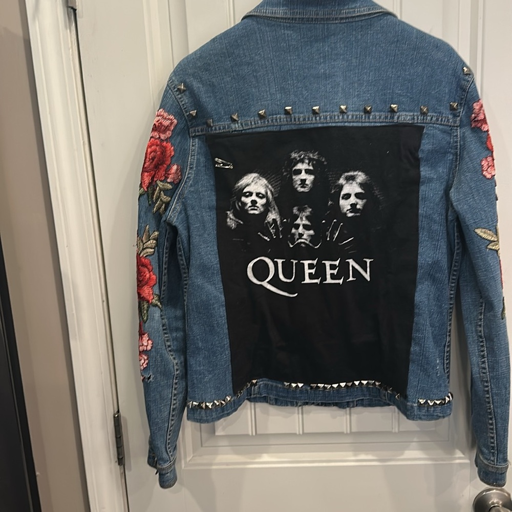 Custom Blue Jean Jacket with Queen picture, embellishments & Floral Embroidery